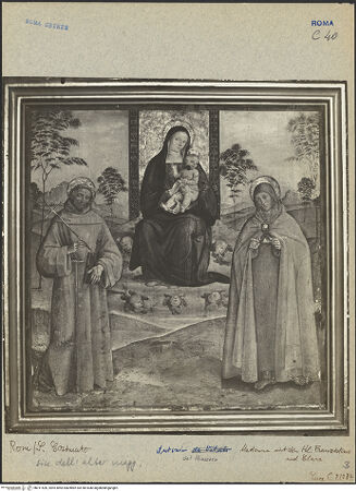 Vorderseite von ICCD [https://www.deutsche-digitale-bibliothek.de/content/lizenzen/rv-ez/] Madonna zwischen den Heiligen Franziskus und Klara - , bh011526_recto. Foto.