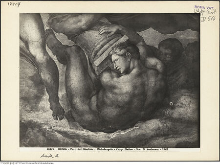 Vorderseite von Alinari [https://www.deutsche-digitale-bibliothek.de/content/lizenzen/rv-ez/] Das Jüngste Gericht - Engel mit Säulenbasis, bh011677_recto. Foto.