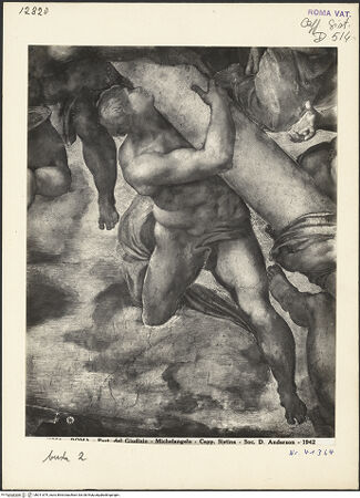 Vorderseite von Alinari [https://www.deutsche-digitale-bibliothek.de/content/lizenzen/rv-ez/] Das Jüngste Gericht - Engel mit Säule, bh011679_recto. Foto.