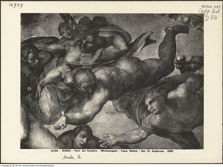 Vorderseite von Alinari [https://www.deutsche-digitale-bibliothek.de/content/lizenzen/rv-ez/] Das Jüngste Gericht - Engel aus der Gruppe mit Säule, bh011681_recto. Foto.