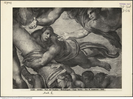 Vorderseite von Alinari [https://www.deutsche-digitale-bibliothek.de/content/lizenzen/rv-ez/] Das Jüngste Gericht - Engel mit Säule, bh011682_recto. Foto.