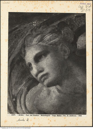 Vorderseite von Alinari [https://www.deutsche-digitale-bibliothek.de/content/lizenzen/rv-ez/] Das Jüngste Gericht - Engelskopf aus der Gruppe mit Säule, bh011683_recto. Foto.