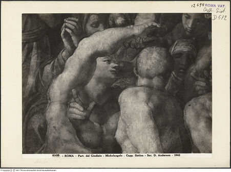 Vorderseite von Alinari [https://www.deutsche-digitale-bibliothek.de/content/lizenzen/rv-ez/] Das Jüngste Gericht - Sich nach rückwärts wendende Figur in der rechten äußeren Gruppe, bh011740_recto. Foto.