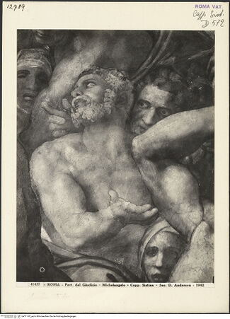 Vorderseite von Alinari [https://www.deutsche-digitale-bibliothek.de/content/lizenzen/rv-ez/] Das Jüngste Gericht - Bärtiger Mann in der Mitte der rechten äußeren Gruppe, bh011742_recto. Foto.