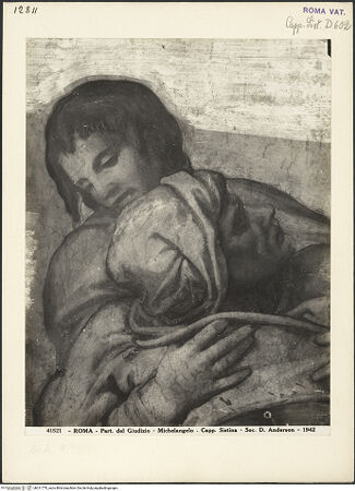 Vorderseite von Alinari [https://www.deutsche-digitale-bibliothek.de/content/lizenzen/rv-ez/] Das Jüngste Gericht - Kopf eines Engels und eines Auferstandenen, den er empor zieht, bh011770_recto. Foto.