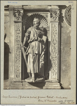 Vorderseite von Alinari [https://www.deutsche-digitale-bibliothek.de/content/lizenzen/rv-ez/] Grabmal für Kardinal Giovanni Michiel und Bischof Antonio Orso - Rechter Pilaster, Nischenfigur: Hl. Paulus, bh012037_recto. Foto.