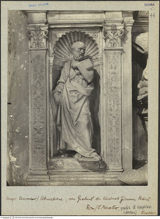 Vorderseite von Alinari [https://www.deutsche-digitale-bibliothek.de/content/lizenzen/rv-ez/] Grabmal für Kardinal Giovanni Michiel und Bischof Antonio Orso - Linker Pilaster, Nischenfigur: Hl. Petrus, bh012038_recto. Foto.