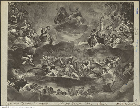 Vorderseite von ICCD (Luce) [https://www.deutsche-digitale-bibliothek.de/content/lizenzen/rv-ez/] Freskenzyklus im ChorDie Heilige Dreifaltigkeit, Engel und Heilige - Ausschnitt: Mitte (Dreifaltigkeit, Maria und Johannes der Täufer, Erzengel), bh014825_recto. Foto.