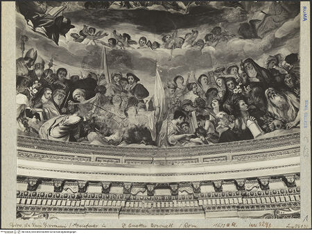 Vorderseite von ICCD (Luce) [https://www.deutsche-digitale-bibliothek.de/content/lizenzen/rv-ez/] Freskenzyklus im ChorDie Heilige Dreifaltigkeit, Engel und Heilige - Ausschnitt: Mitte, unten (u.a. Hll. Veronika, Caecilie, Barbara, Magdalena, Agathe, Onuphrius?), bh014826_recto. Foto.