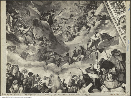 Vorderseite von ICCD (Luce) [https://www.deutsche-digitale-bibliothek.de/content/lizenzen/rv-ez/] Freskenzyklus im ChorDie Heilige Dreifaltigkeit, Engel und Heilige - Ausschnitt: Ecke rechts unten (u.a. Hll. Onupphrius ?, Andreas, Dominikus, Franziskus, Karl Borromäus?), bh014827_recto. Foto.