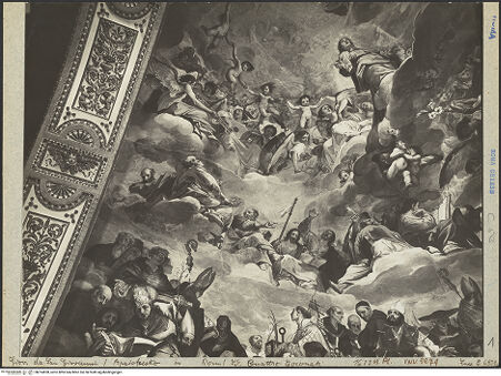 Vorderseite von ICCD (Luce) [https://www.deutsche-digitale-bibliothek.de/content/lizenzen/rv-ez/] Freskenzyklus im ChorDie Heilige Dreifaltigkeit, Engel und Heilige - Ausschnitt: linkes Drittel der Kalotte, bh014828_recto. Foto.