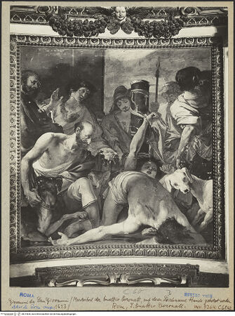 Vorderseite von ICCD (Luce) [https://www.deutsche-digitale-bibliothek.de/content/lizenzen/rv-ez/] Freskenzyklus im ChorLeben und Martyrium der vier heiligen SoldatenDie Leichen der vier Soldaten werden an die Hunde verfüttert - Gesamtansicht, bh014830_recto. Foto.