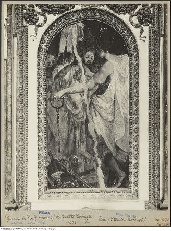 Vorderseite von ICCD (Luce) [https://www.deutsche-digitale-bibliothek.de/content/lizenzen/rv-ez/] Freskenzyklus im ChorLeben und Martyrien der vier bzw. fünf gekrönten Bildhauer bzw. Steinmetze  aus PannonienDie Heiligen weigern sich, die Statue einer antiken Gottheit anzubeten - Gesamtansicht, bh014837_recto. Foto.