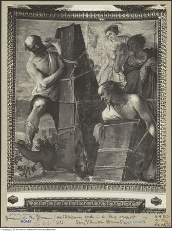 Vorderseite von ICCD (Luce) [https://www.deutsche-digitale-bibliothek.de/content/lizenzen/rv-ez/] Freskenzyklus im ChorLeben und Martyrien der vier bzw. fünf gekrönten Bildhauer bzw. Steinmetze  aus PannonienDie Särge der Märtyrer werden im Fluss versenkt - Gesamtansicht, bh014839_recto. Foto.