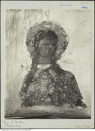 Vorderseite von ICCD (Luce) [https://www.deutsche-digitale-bibliothek.de/content/lizenzen/rv-ez/] Santi Quattro CoronatiInneresCappella di Santa Barbara - Apsisfresko: Madonna in der Mandorla (Ausschnitt), bh014848_recto. Foto.