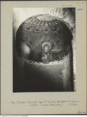 Vorderseite von ICCD (Luce) [https://www.deutsche-digitale-bibliothek.de/content/lizenzen/rv-ez/] Santi Quattro CoronatiInneresCappella di Santa Barbara - Nische mit Apsisfresko: Madonna in der Mandorla, bh014849_recto. Foto.