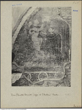 Vorderseite von ICCD (Luce) [https://www.deutsche-digitale-bibliothek.de/content/lizenzen/rv-ez/] Santi Quattro CoronatiInneresCappella di Santa Barbara - Südwand, Lünettenfresko (links des Fensters): Szene aus der Legende der Hl. Barbara?, bh014851_recto. Foto.