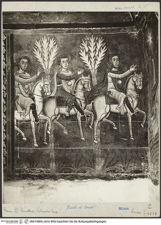 Vorderseite von Luce [https://www.deutsche-digitale-bibliothek.de/content/lizenzen/rv-ez/] SilvesterlegendeGesandte Konstantins reiten zu Papst Silvester auf den Monte Soratte - Gesamtansicht, bh014884_recto. Foto.