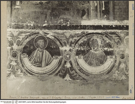 Vorderseite von Luce [https://www.deutsche-digitale-bibliothek.de/content/lizenzen/rv-ez/] SilvesterlegendePropheten-Fries - Nordwand: Zwei Propheten unterhalb der Szene "Silvester erhält die Tiara", bh014891_recto. Foto.