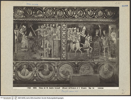 Vorderseite von Anderson [https://www.deutsche-digitale-bibliothek.de/content/lizenzen/rv-ez/] Silvesterlegende - Nordwand mit zwei Szenen und Prophetenzyklus: Übergabe der Tiara an Silvester, Konstantins Zügeldienst am Pferd Silvesters, bh014898_recto. Foto.