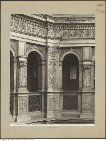 Vorderseite von Alinari [https://www.deutsche-digitale-bibliothek.de/content/lizenzen/rv-ez/] Santa Maria presso San SatiroSakristei - Obergeschoss, Detail: Arkaden mit Knickpilaster, bh016229_recto. Foto.
