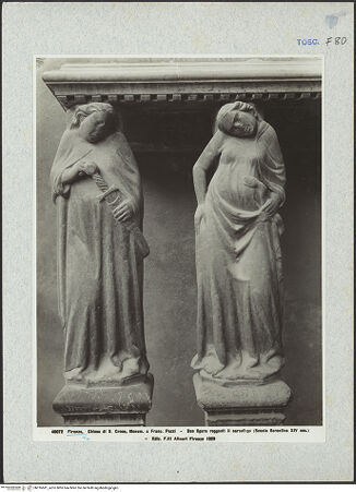 Vorderseite von Alinari [https://www.deutsche-digitale-bibliothek.de/content/lizenzen/rv-ez/] Grabmal des Francesco de'Pazzi - Die zwei linken, den Sarg tragenden Figuren, bh016681_recto. Foto.