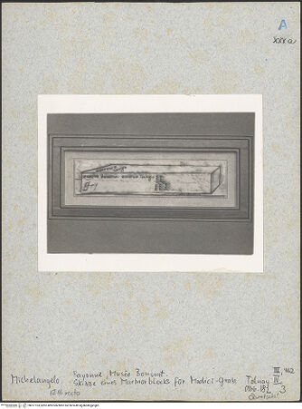 Vorderseite von Réunion des Musées Nationaux [https://www.deutsche-digitale-bibliothek.de/content/lizenzen/rv-ez/] Skizze eines Marmorblocks in Form eines Parallelepipedes für das Grab Julius II. - , bh017103_recto. Foto.