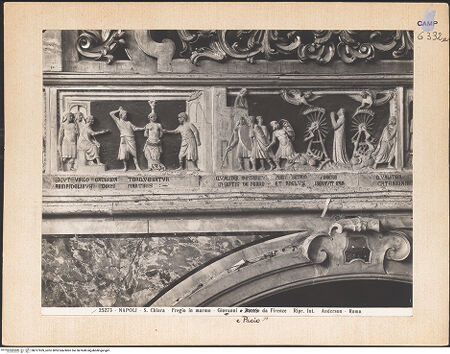 Vorderseite von Alinari [https://www.deutsche-digitale-bibliothek.de/content/lizenzen/rv-ez/] Szenen aus dem Leben der heiligen Katharina von Alexandrien - Szene 9: Katharina wird gefoltert; Szene 10: die Folterräder der Katharina werden von Engeln zerstört (vor 1943), bh017959_recto. Foto.