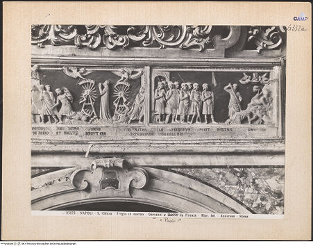 Vorderseite von Alinari [https://www.deutsche-digitale-bibliothek.de/content/lizenzen/rv-ez/] Szenen aus dem Leben der heiligen Katharina von Alexandrien - Szene 10: die Folterräder der Katharina werden von Engeln zerstört; Szene 11: Katharina wird enthauptet (vor 1943), bh017960_recto. Foto.