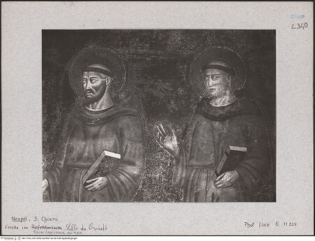 Vorderseite von Luce [https://www.deutsche-digitale-bibliothek.de/content/lizenzen/rv-ez/] Christus thronend mit Heiligen, Karl von Kalabrien, König Robert 1, Sancia von Mallorca und Johanna 1. von Neapel - Detail: Franziskus und Antonius von Padua, bh017994_recto. Foto.