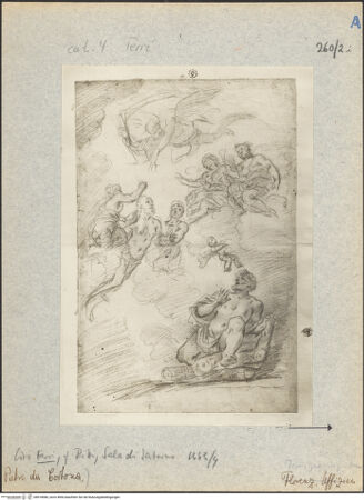 Vorderseite von Bibliotheca Hertziana [https://www.deutsche-digitale-bibliothek.de/content/lizenzen/rv-fz/] Kniender Saturn und Gruppe im Flug, einen Mann in die Wolken tragend (Studie zur "Sala di Saturno", Florenz, Palazzo Pitti) - , bh018086_recto. Foto.