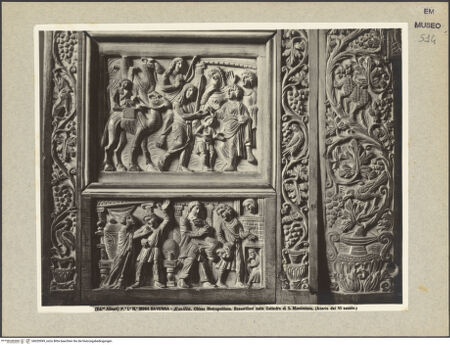 Vorderseite von Alinari [https://www.deutsche-digitale-bibliothek.de/content/lizenzen/rv-ez/] Kathedra des Bischofs MaximianusArmlehne rechts: Josephs blutbesudelter Mantel wird zu Jakob gebracht;  Josephs Brüder tauchen dessen Mantel in das Blut eines Zickleins und Joseph wird in eine Grube geworfen; Joseph wird für zwanzig Stücke Silber verkauft; Joseph auf seinem Weg nach Ägypten und Joseph wird an Potiphar verkauft; Potiphars Frau versucht Joseph zu verführen und Joseph wird gefangengenommen und in das Gefängnis geworfen - Unterer Teil (Joseph auf seinem Weg nach Ägypten und Joseph wird an Potiphar verkauft; Potiphars Frau versucht Joseph zu verführen und Joseph wird gefangengenommen und in das Gefängnis geworfen), bh020999_recto. Foto.