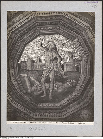 Vorderseite von Alinari [https://www.deutsche-digitale-bibliothek.de/content/lizenzen/rv-ez/] Gewölbedekoration all'anticaDavid mit dem toten Goliath in Dodekagon zwischen Medaillons mit Szenen der Geschichte Davids und Grotesken - Medaillon: David und Goliath, bh022020_recto. Foto.