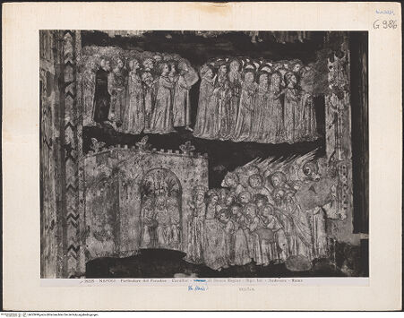 Vorderseite von Alinari [https://www.deutsche-digitale-bibliothek.de/content/lizenzen/rv-ez/] Jüngstes GerichtLinke Wand: Paradies - Fünftes und sechstes Register: Heiligen, Nonnen; Seligen werden zum Paradies geleitet, bh023999_recto. Foto.