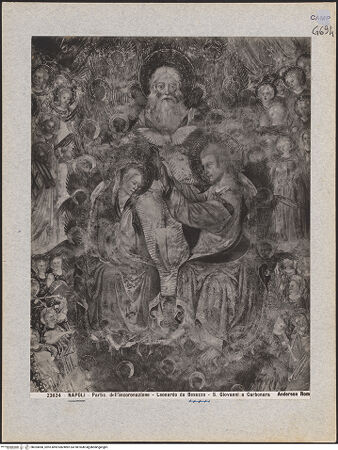 Vorderseite von Alinari [https://www.deutsche-digitale-bibliothek.de/content/lizenzen/rv-ez/] Szenen aus dem Leben MariäMarienkrönung - Detail: Gottvater, Maria und Christus, bh024068_recto. Foto.