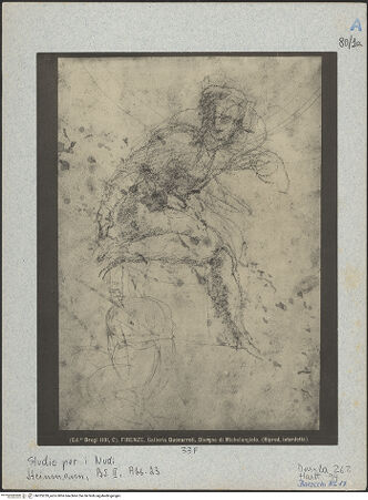Vorderseite von Alinari [https://www.deutsche-digitale-bibliothek.de/content/lizenzen/rv-ez/] Studie nach einem "Ignudo" (Vatikan, Sixtinische Decke); Skizze einer sitzenden Figur im Profil nach links - Gesamtaufnahme, bh025259_recto. Foto.
