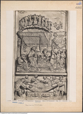 Vorderseite von Alinari [https://www.deutsche-digitale-bibliothek.de/content/lizenzen/rv-ez/] Geburt Christi und Verkündigung an die Hirten - Grablegung Christi - Gesamtansicht, bh025819_recto. Foto.