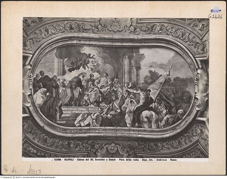 Vorderseite von Alinari [https://www.deutsche-digitale-bibliothek.de/content/lizenzen/rv-ez/] Szenen aus dem Leben des heiligen Benedikt von NursiaTotila, König der Ostoten, besucht den heiligen Benedikt auf dem Monte Cassino - Gesamtansicht, bh026121_recto. Foto.