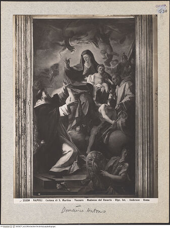 Vorderseite von Alinari [https://www.deutsche-digitale-bibliothek.de/content/lizenzen/rv-ez/] Maria überreicht dem heiligen Dominikus, der vor ihr kniet, einen Rosenkranz - Gesamtansicht, bh026271_recto. Foto.