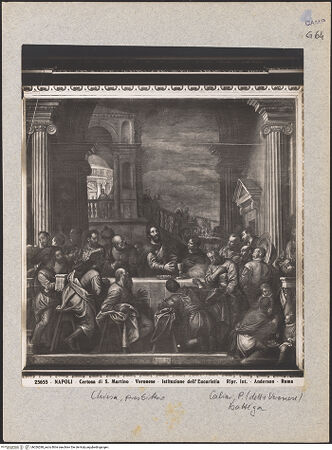 Vorderseite von Alinari [https://www.deutsche-digitale-bibliothek.de/content/lizenzen/rv-ez/] Das letzte Abendmahl (die Einsetzung der Eucharistie) - Gesamtansicht, bh026288_recto. Foto.