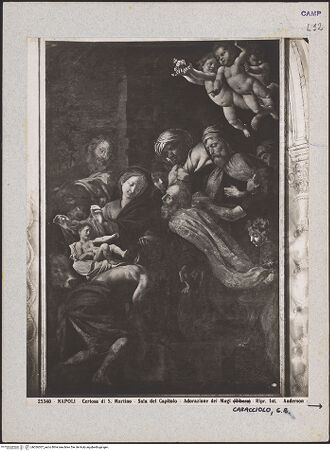 Vorderseite von Alinari [https://www.deutsche-digitale-bibliothek.de/content/lizenzen/rv-ez/] Die Anbetung durch die Heiligen Drei Könige - Gesamtansicht, bh026307_recto. Foto.