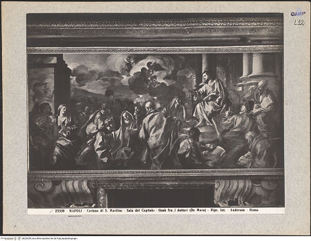 Vorderseite von Alinari [https://www.deutsche-digitale-bibliothek.de/content/lizenzen/rv-ez/] Christus disputiert mit den Schriftgelehrten im Tempel - Gesamtansicht, bh026309_recto. Foto.