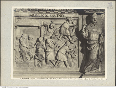 Vorderseite von Alinari [https://www.deutsche-digitale-bibliothek.de/content/lizenzen/rv-ez/] Grabmal des Bischofs Guido Tarlati (gest. 1327)Allegorische Darstellungen der Gemeinde und Szenen aus dem Leben des Bischof Guido TarlatiDie Zerstörung von Monte San Savino (Monte San Savino) - Teilansicht, bh027099_recto. Foto.