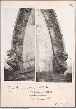 Vorderseite von ICCD [https://www.deutsche-digitale-bibliothek.de/content/lizenzen/rv-ez/] Archivolte der rechten Arkade mit Szenen aus der Genesis in Clipei - Detail, linke Seite und Konsole, bh027223_bh027224_recto. Foto.