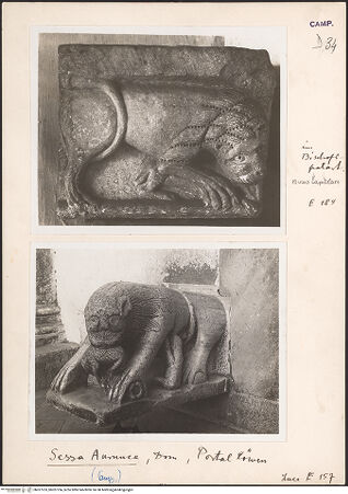 Vorderseite von ICCD [https://www.deutsche-digitale-bibliothek.de/content/lizenzen/rv-ez/] HauptportalLöwen seitlich des Portals - Löwe links, bh027233_bh027234_recto. Foto.