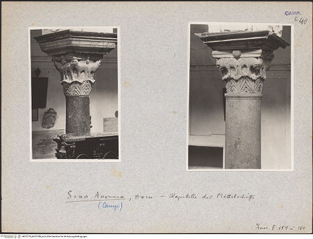 Vorderseite von ICCD [https://www.deutsche-digitale-bibliothek.de/content/lizenzen/rv-ez/] Kapitelle des Langhauses (Spolienkapitelle und Kapitelle mit zoomorphen Motiven)Kapitell mit Löwen - Gesamtansicht, bh027279_bh027280_recto. Foto.