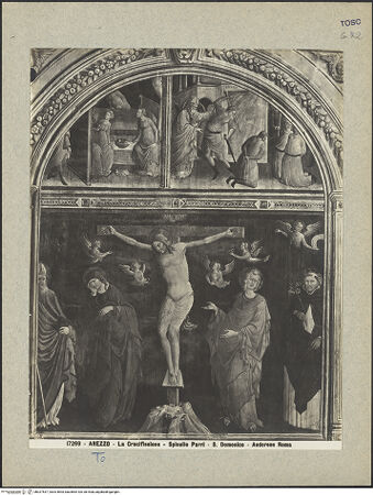 Vorderseite von Alinari [https://www.deutsche-digitale-bibliothek.de/content/lizenzen/rv-ez/] Kreuzigung mit Maria, Johannes dem Evangelisten, und den heiligen Nikolaus und Dominikus; Lünette: Wunder des heiligen Nikolaus; Predella: Heiliger Donatus und Dominikaner Heiligen - Teilansicht (ohne Predella), bh027537_recto. Foto.