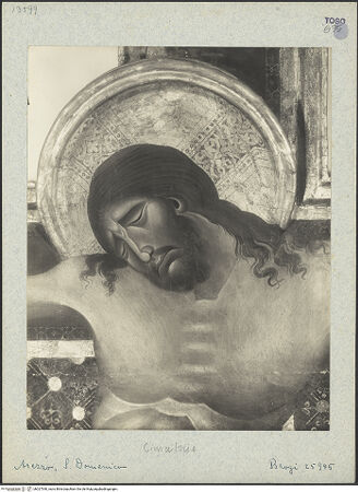 Vorderseite von Alinari [https://www.deutsche-digitale-bibliothek.de/content/lizenzen/rv-ez/] Altarkreuz - Detail: Christus, Kopf, bh027540_recto. Foto.