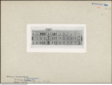 Vorderseite von Staatliche Graphische Sammlung [http://creativecommons.org/publicdomain/mark/1.0/] Projekt zur Fassade des Palazzo del Comune in Parma (?) - Gesamtansicht, bh027544_recto. Foto.