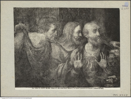 Vorderseite von Alinari [https://www.deutsche-digitale-bibliothek.de/content/lizenzen/rv-ez/] Das Abendmahl - Detail: Bartholomäus, Jakobus und Andreas, bh028302_recto. Foto.